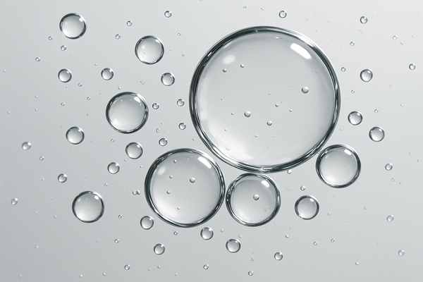 Close-up macro shot of transparent oil drops floating in clear water, on a smooth light grey background, high detail, soft natural lighting, no text, no labels, no chemical formulas